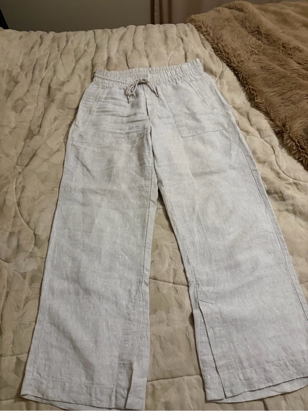 Athleta Light Beige Linen Wide-Leg Drawstring Pants